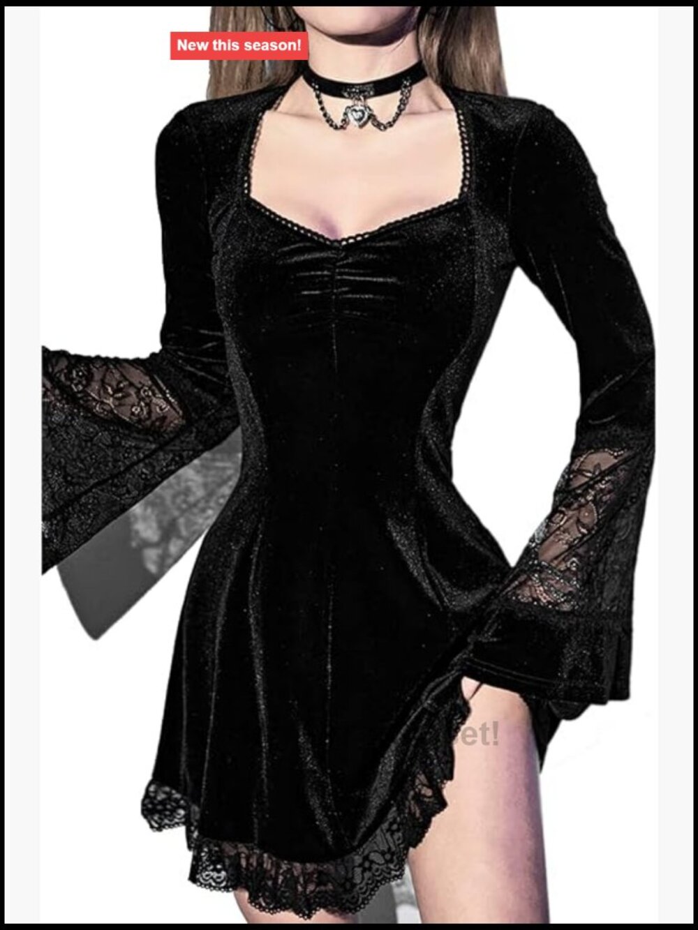 Gothic Velvet Dress Flare Sleeve Black Lace Vintage